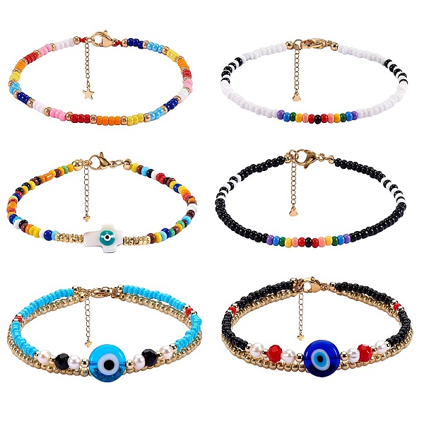 PandaHall 6Pcs 6 Style Glass Seed Beaded Bracelets Set, Evil Eye Multi-strand Bracelets, Cross with Evil Eye Beads Bracelets for Women...