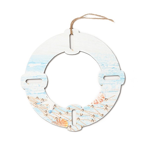 

PandaHall Natural Wood Pendant Decorations, with Hemp Cord, Swim Ring, Light Sky Blue, 225x4mm, Hole: 40x10mm Wood Ring