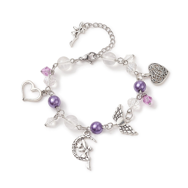 

PandaHall Alloy Heart & Fairy Charm Bracelets, Acrylic & ABS Plastic Pearl Beaded Bracelet for Women, Blue Violet, 7 inch(17.7cm) Alloy