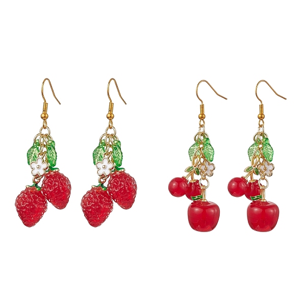 

PandaHall 2 Pairs 2 Style Cherry & Strawberry Glass Dangle Earrings, Cluster Earrings, Red, 55~60x12.5~13.5mm, 1 Pair/style Glass Fruit Red