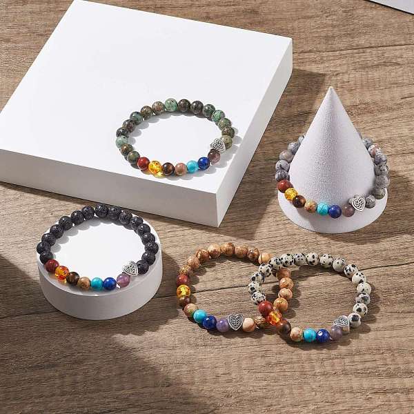 

PandaHall Mixed Gemstone Stretch Bracelet with Alloy Heart Beads, 7 Chakra Jewelry for Women, Inner Diameter: 2-1/8 inch(5.5cm) Mixed Stone