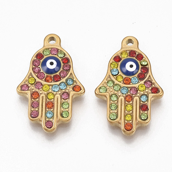 

PandaHall 304 Stainless Steel Pendants, with Colorful Rhinestone and Enamel, Hamsa Hand/Hand of Fatima/Hand of Miriam with Evil Eye, Golden..., Multicolor