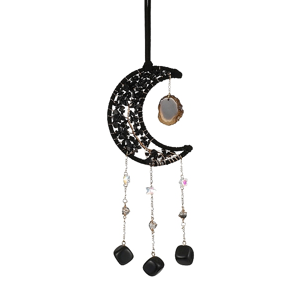 

PandaHall Natural Agate Wind Chime, with Glass Beads and Iron Ring, Moon, 350mm Natural Agate Moon
