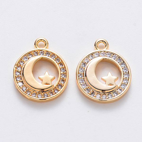 

PandaHall Brass Micro Pave Cubic Zirconia Charms, Nickel Free, Flat Round with Moon and Star, Real 18K Gold Plated, 14x11.5x2.5mm, Hole: 1mm..., Clear