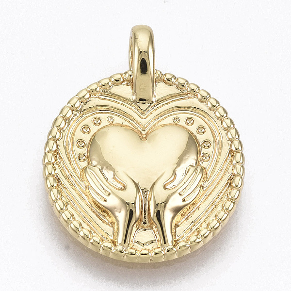 

PandaHall Brass Pendants, Nickel Free, Flat Round, Hands Hold Heart, for Mother's Day, Real 18K Gold Plated, 21x17x4.5mm, Hole: 2.8mm Brass...