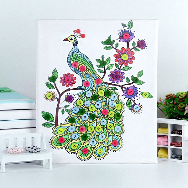 PandaHall Creative DIY Peacock Pattern Resin Button Art, with Canvas Painting Paper and Wood Frame, Educational Craft Painting Sticky Toys...