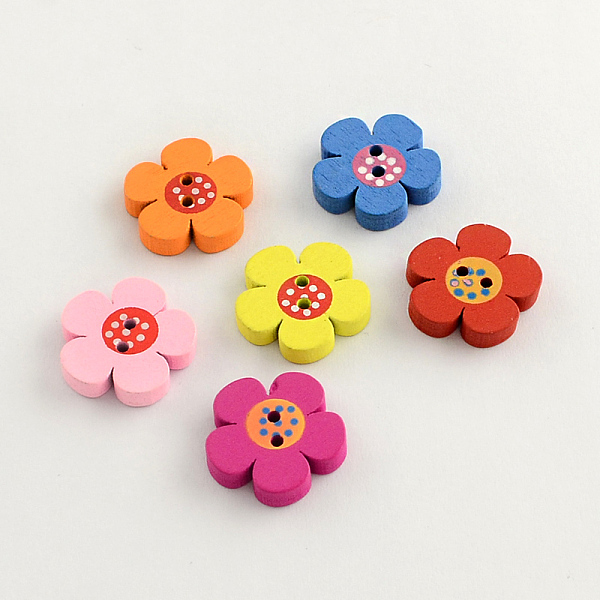 

PandaHall 2-Hole Dyed Wooden Buttons, Flower, Mixed Color, 19x19x4mm, Hole: 2mm Wood Flower Multicolor