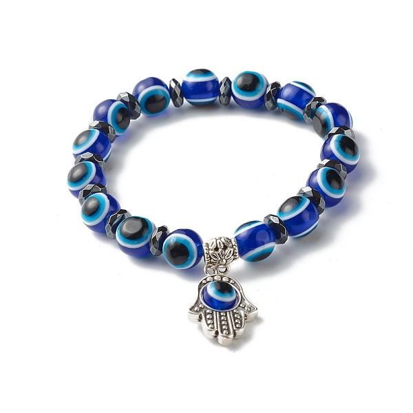 

PandaHall Evil Eye Resin Beads Stretch Bracelet for Girl Women, Synthetic Hematite Beads Bracelet with Hamsa Hand /Hand of Miriam Charm..., Blue