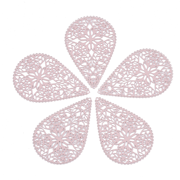 

PandaHall 430 Stainless Steel Filigree Pendants, Spray Painted, Etched Metal Embellishments, Teardrop with Flower, Pink, 40x26.5x0.5mm, Hole...