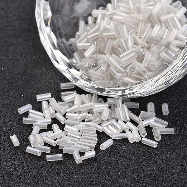 

PandaHall Transparent Colours Pearl Luster Plated Round Hole Glass Bugle Beads, WhiteSmoke, 2~5x1.8~2mm, Hole: 0.8mm, about 12000pcs/450g..., White