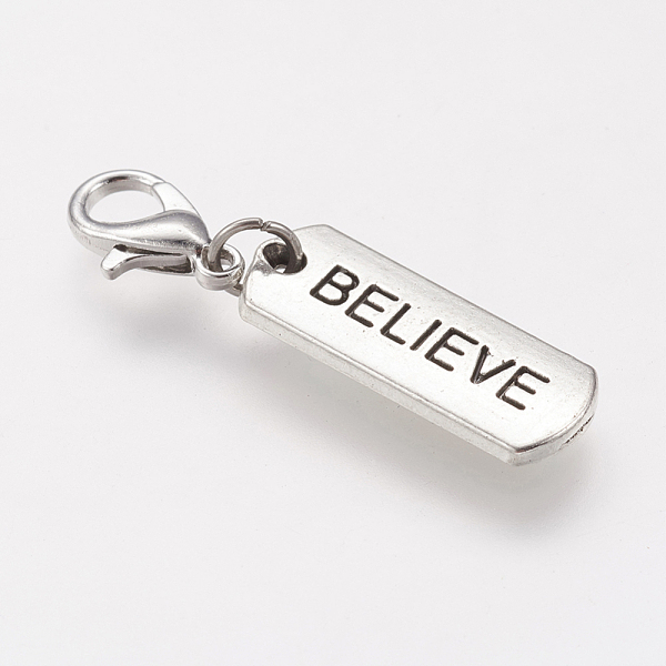 

PandaHall Tibetan Style Alloy Rectangle Pendants, Inspirational Message Pendants, with Word Believe, Antique Silver, 8x21x2mm, Hole: 2mm...