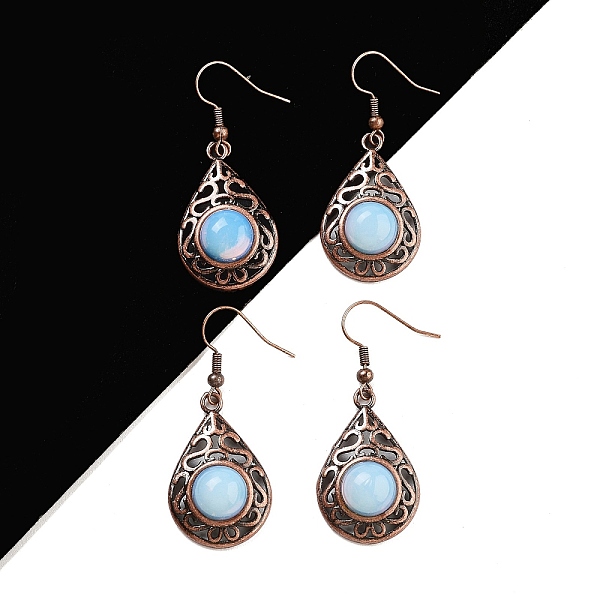 

PandaHall Opalite Teardrop Dangle Earrings, Red Copper Plated Hollow Brass Earrings for Women, 46.5x19.5mm Opalite Teardrop