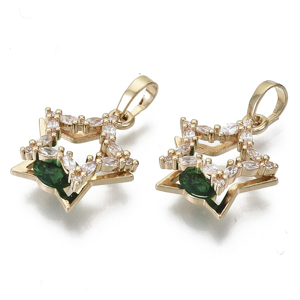 

PandaHall Brass Micro Cubic Zirconia Pendants, with Glass and Brass Snap on Bails, Star, Light Gold, Green, 17~18x15~16x5mm, Hole: 6x4mm...