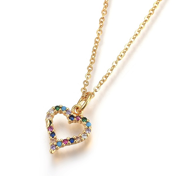 

PandaHall 304 Stainless Steel Pendant Necklaces, with Cubic Zirconia, Heart, Colorful, Golden, 17.8 inch(45.5cm), Pendant: 12x10x2mm Cubic...