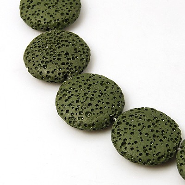 

PandaHall Natural Lava Rock Beads Strands, Dyed, Flat Round, Dark Olive Green, 21x6mm, Hole: 1mm Lava Rock Flat Round Green
