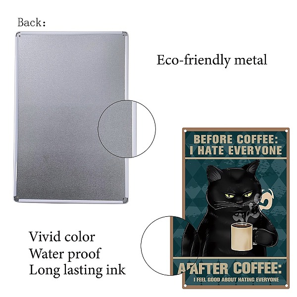 

PandaHall CREATCABIN Black Cat Coffee Metal Tin Signs Before Coffee I Hate Everyone Wall Poster Sign Funny Vintage Art Hanging Decor for...