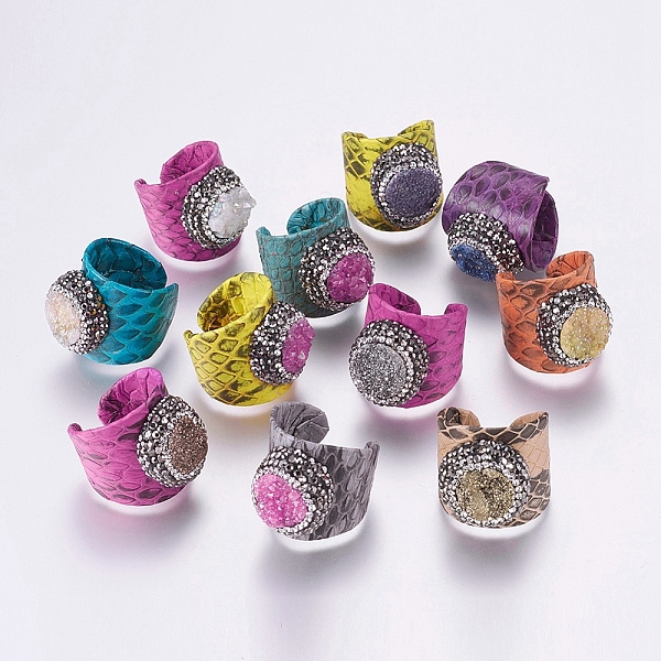 

PandaHall Handmade Snakeskin Genuine Leather Rings, with Polymer Clay Grade A Rhinestone and Druzy Agate, Dyed, Adjustable, Flat Round..., Multicolor