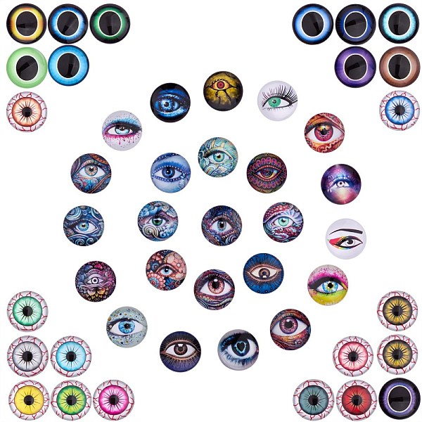

PandaHall 2 Sets 2 Styles Glass Cabochons, Half Round with Eye & Eyeball Pattern, Mixed Color, 25x7.5mm, 24pcs/set, 1 set/style Glass Half..., Multicolor