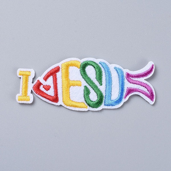 PandaHall Computerized Embroidery Cloth Iron On/Sew On Patches, Costume Accessories, Appliques, for Easter, Jesu Fish, Colorful, 26.5x79x1mm...