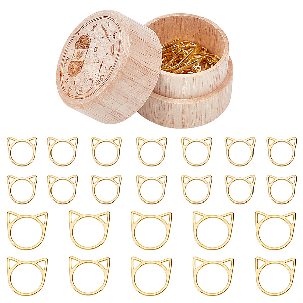 PandaHall Alloy Knitting Stitch Marker Rings, Cat's Head, with Wooden Storage Box, Golden, 15.5~20.5x16~21x1.5~2mm, 30pcs/box Alloy