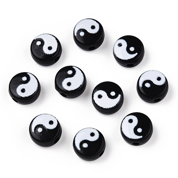 

PandaHall Opaque Acrylic Beads, Flat Round with Yin Yang Pattern, Black, 7x4mm, Hole: 1.5mm Acrylic Flat Round Black