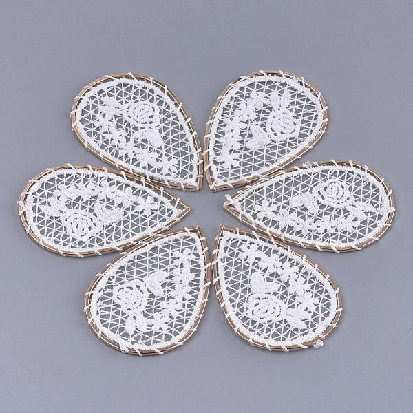 

PandaHall Polyester Woven Big Pendant Decorations, with Iron Findings, Teardrop with Flower, Light Gold, White, 53~54.5x37.5x2mm Polyester...