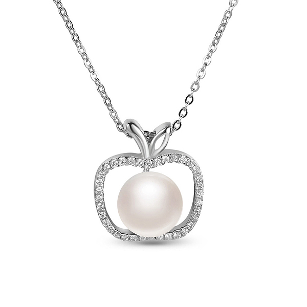 

PandaHall SHEGRACE Rhodium Plated 925 Sterling Silver Apple Pendant Necklace, with Micro Pave AAA Cubic Zirconia and Shell Pearl, Platinum...