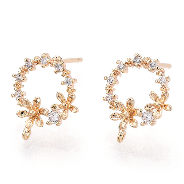 

PandaHall Brass Micro Pave Clear Cubic Zirconia Stud Earring Findings, with Loop, Nickel Free, Ring with Flower, Real 18K Gold Plated...