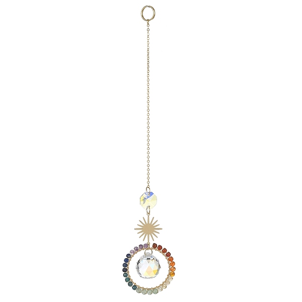 

PandaHall Glass Teardrop Pendant Decorations, Hanging Suncatchers, with Chakra Natural Gemstone & Brass Ring Charm, Sun, 232x43x1~21mm Mixed...