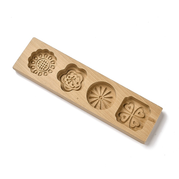 PandaHall Flower Pattern Beech Wooden Press Mooncake Mold, Chinese Characters Pastry Mould, 4 Cavities Cake Mold Baking, BurlyWood...