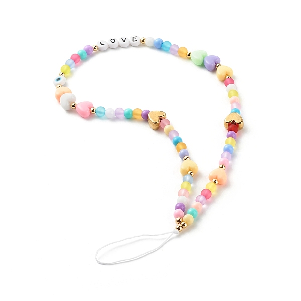 

PandaHall Acrylic Beads Mobile Straps, with CCB Plastic Beads, Brass Beads, Nylon Thread, Round & Heart & Flat Round with Word LOVE...