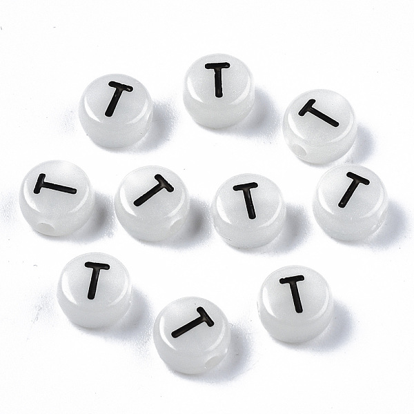 

PandaHall Acrylic Beads, with Enamel and Luminous, Horizontal Hole, Flat Round with Black Letter, Glow in the Dark, Light Grey, Letter.T...