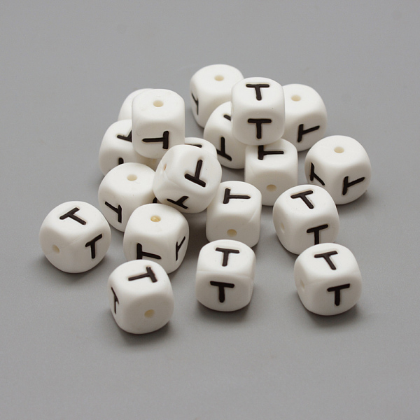 

PandaHall Food Grade Eco-Friendly Silicone Beads, Chewing Beads For Teethers, DIY Nursing Necklaces Making, Letter Style, Cube, Letter.T..., White