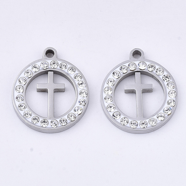 

PandaHall 201 Stainless Steel Pendants, with Polymer Clay Crystal Rhinestone, for Religion, Flat Round with Cross, Stainless Steel Color..., Clear