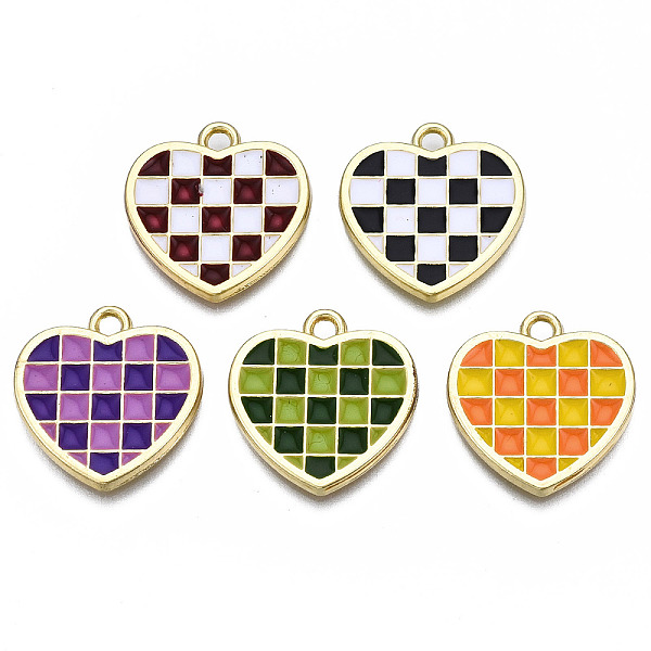 

PandaHall Rack Plating Alloy Checkerboard Pendants, with Enamel, Cadmium Free & Lead Free, Light Gold, Heart with Grid Pattern, Mixed Color..., Multicolor