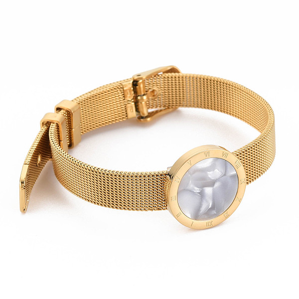 

PandaHall Acrylic Flat Round with Roman Numeral Link Bangle with Belt Buckle, 304 Stainless Steel Mesh Chain Wristband for Women, Golden...