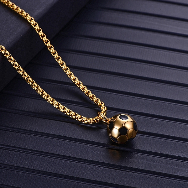 

PandaHall Titanium Steel Enamel Football Pendant Necklace with Box Chains, Golden, 23.62 inch(60cm) Titanium Steel Football