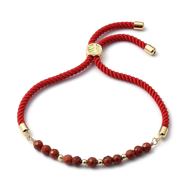PandaHall Adjustable Slider Bracelets, Nylon Cord Bracelets, with Natural Jasper Beads and Brass Beads, Golden, Inner Diameter: 3/4