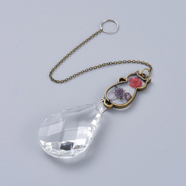

PandaHall Crystals Chandelier Suncatchers Prisms, teardrop, Glass Hanging Pendant, with Iron Cable Chain and Cat Shape Alloy Pendant, Dried..., Clear
