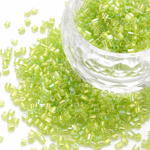 

PandaHall Glass Bugle Beads, Transparent Colours Rainbow, Yellow Green, 2.5~3x2mm, Hole: 0.9mm, about 15000pcs/pound Glass