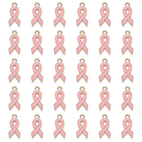 

PandaHall Alloy Enamel Pendants, October Breast Cancer Pink Awareness Ribbon Shape, Light Gold Plated, Pink, 20x10x2mm, Hole: 2mm...
