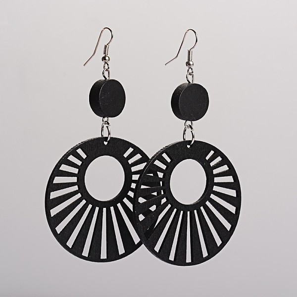 

PandaHall Trendy Flat Round Wood Dangle Earrings, with Platinum Plated Iron Earring Hooks, Black, 90.5x49mm, Pin: 0.8mm Wood Black