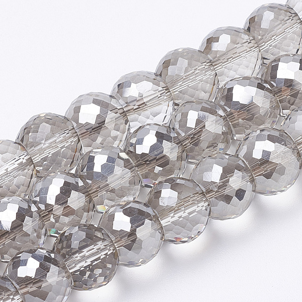 

PandaHall Electroplated Glass Beads Strands, Rainbow Plated, Faceted, Round, Light Grey, 10x8mm, Hole: 1.2mm, about 80pcs/strand, 25 inch..., Gray