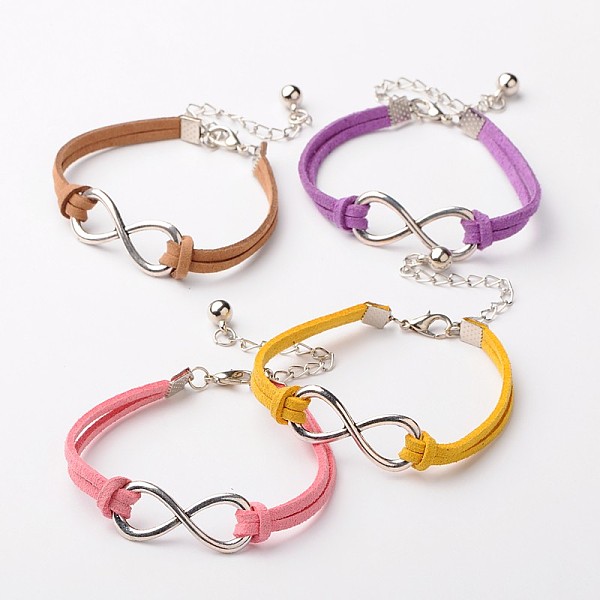 

PandaHall Tibetan Style Alloy Infinity Link Bracelets, Faux Suede Cord with Alloy Lobster Claw Clasps and Iron Chains, Platinum and Antique..., Multicolor