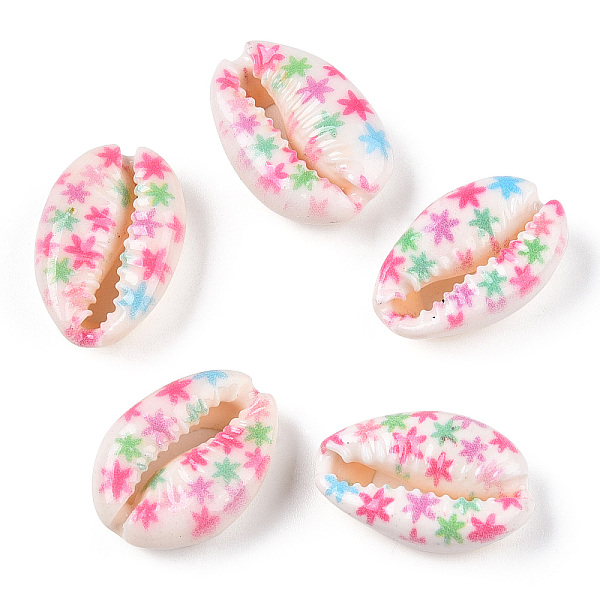 

PandaHall Flower Printed Cowrie Shell Beads, No Hole/Undrilled, Colorful, 18.5~22x13~14.5x6~7.5mm Cowrie Shell Flower