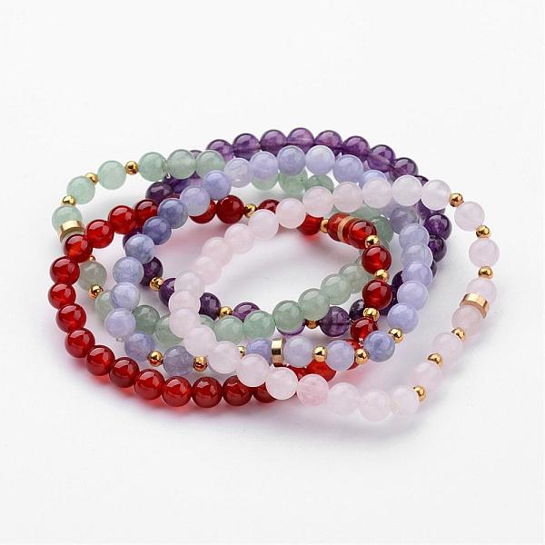 

PandaHall Natural Round Gemstone Beaded Stretch Bracelets, with Iron Spacer Beads, Mixed Color, 54mm(2-1/8 inch) Mixed Stone Multicolor