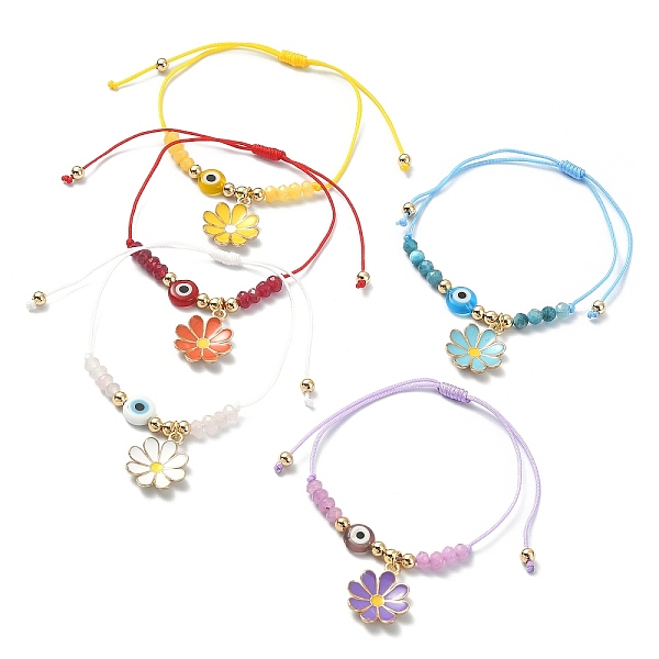 

PandaHall Flower Alloy Enamel Charm Bracelet, Dyed Natural Malaysia Jade & Lampwork Evil Eye Braided Adjustable Bracelet, Mixed Color, Inner..., Multicolor