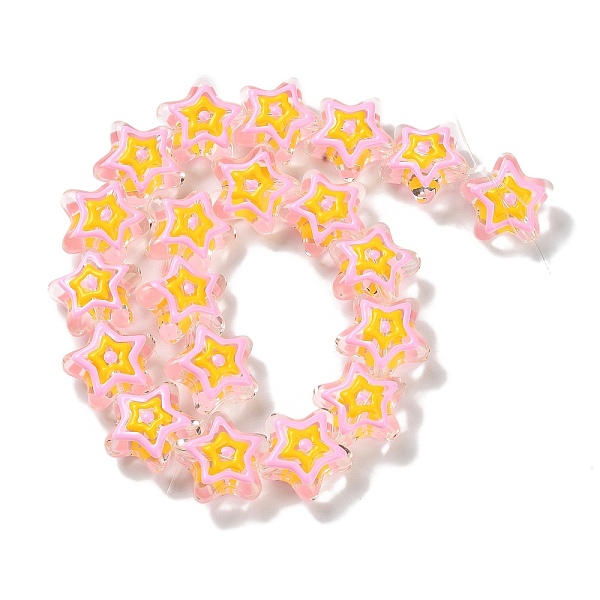 

PandaHall Glass Beads Strands, with Enamel, Star, Pink, 21.5x22x11mm, Hole: 1.3mm, about 20pcs/strand, 14.96 inch(38cm) Glass Star Pink