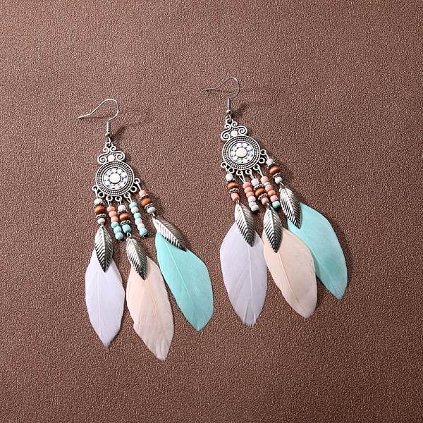 

PandaHall Bohemian Blue Feather Tassel Earrings Vintage Style Unique Long Earrings, Feather, Dangle Earrings, Silver Alloy Feather