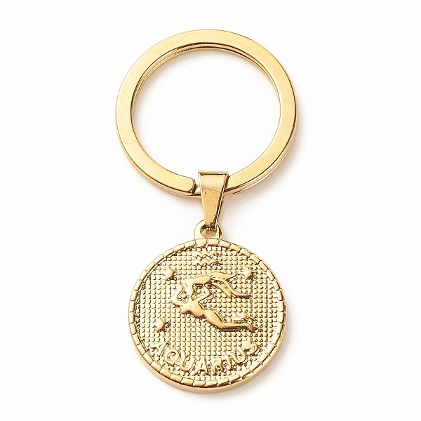 

PandaHall 304 Stainless Steel Pendants Keychain, with 304 Stainless Steel Split Key Rings, Flat Round with Twelve Constellations, Aquarius...